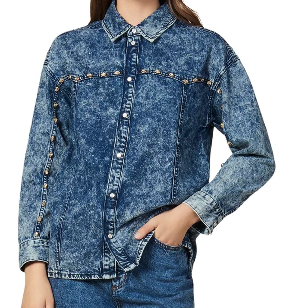 Sandro Stane Denim Rhinestone Detail Shirt